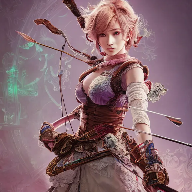 Image similar to the portrait of lawful neutral semi - colorful female archer socialite as absurdly beautiful, gorgeous, elegant, young gravure idol, an ultrafine hyperdetailed illustration by kim jung gi, irakli nadar, intricate linework, bright colors, octopath traveler, final fantasy, unreal engine 5 highly rendered, global illumination, radiant light, detailed and intricate environment