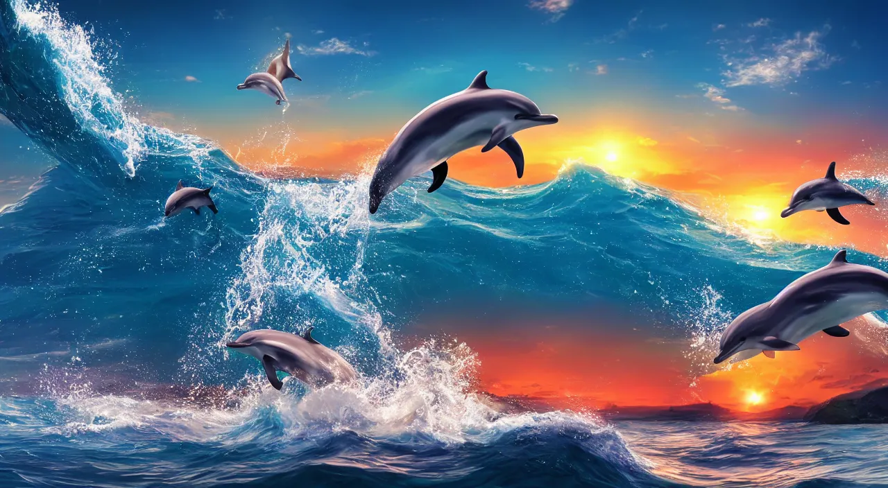 Prompt: epic dolphins jumping out of the water, anime landscape wallpaper, rough waves simulated crystal clear waves, ocean cliff side, sunset clouds