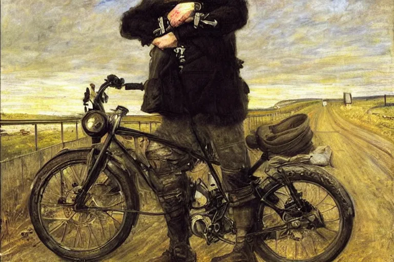 Image similar to sad portrait of a biker on the freeway by sir john everett millais, photorealistic, hyperdetailed, ethereal, masterpiece, oil painting