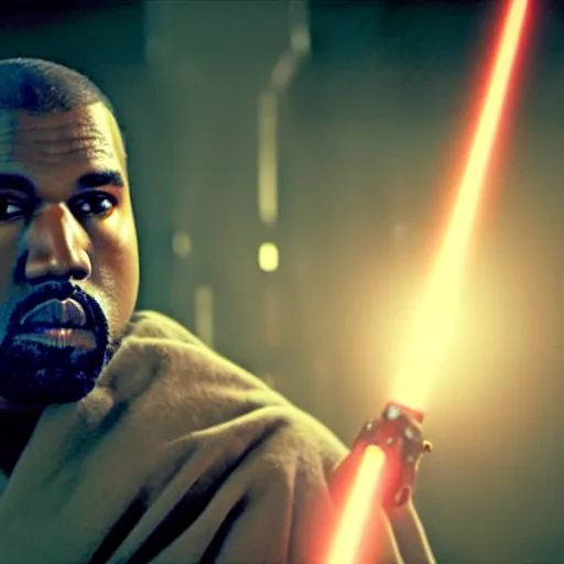 Image similar to Portrait of Kanye West as a jedi in Star Wars, holding lightsabre. splash art, cinematic lighting, dramatic, octane render, long lens, shallow depth of field, bokeh, anamorphic lens flare, 8k, hyper detailed, 35mm film grain