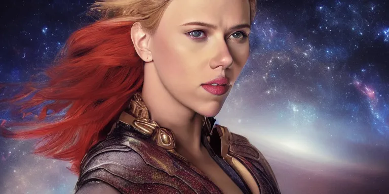 Prompt: film still of unrealistically curvy scarlett johansson, focus on facial - detail!!!!!!, walking on the bifrost, toward an endless abyss in space, wearing a flowy bikini inspired by ancient roman clothing, beautiful astronomical background with galaxies and nebulas, lack of sunlight, 8 k resolution, cinematic lighting, anatomically correct, by christopher nolan