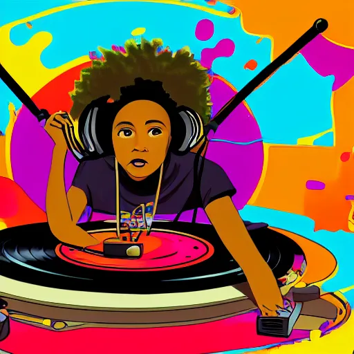 Image similar to a punk teen black girl wearing headphones plugged in and lying on top of a giant record player, weirdcore, bizarre, beautiful, colorful background, digital art