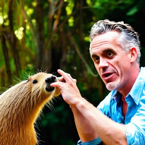 Prompt: Jordan Peterson petting a capybara while screaming