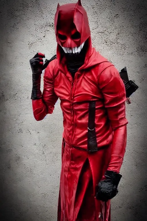 Image similar to red hood cosplay, creepy, disturbing, bloody