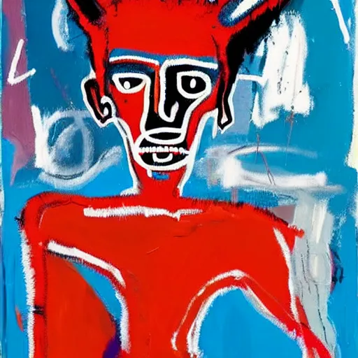 Prompt: A pretty woman with devil horns wearing a silver mini dress standing on the ocean, pitchfork, creative background, abstract jean-Michel Basquiat oil painting with thick paint strokes, oil on canvas, intricately!!! detailed!!!