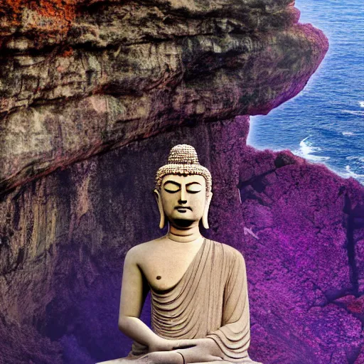 Image similar to huge stone buddha statue on a cliff, 8 k, moody, purple water, intense color, highly detailed, dream landscape, violet fog, wide, high color saturation,