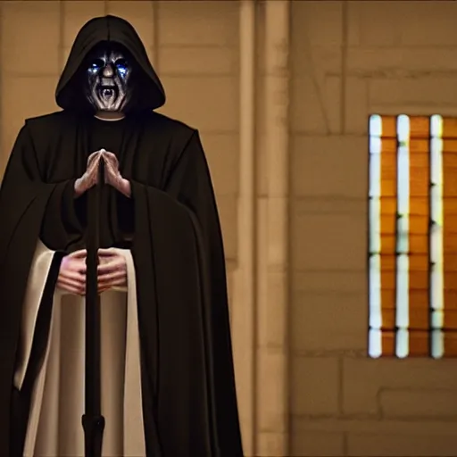 Image similar to emperor palpatine preaching to people at church, 8k cinematic lighting, very sharp detail, anatomically correct