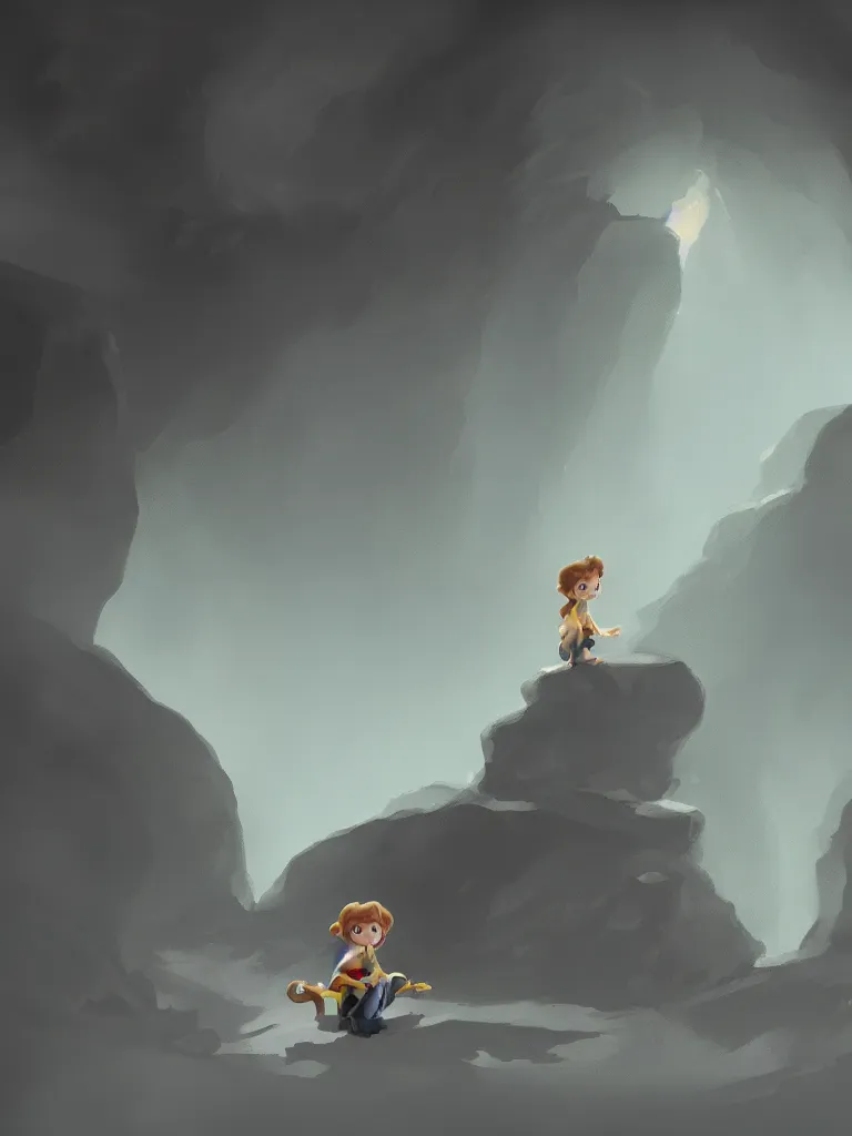 Prompt: lit child, in a dark cave, by disney concept artists, blunt borders, rule of thirds, soft light