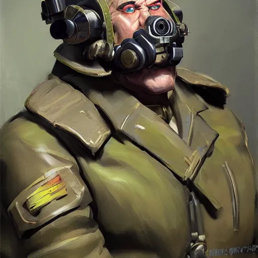 Image similar to greg manchess digital painting of an old dieselpunk orc military officer ( as an overwatch character ) with olive green skin sitting at a desk in his office, organic painting, matte painting, bold shapes, hard edges, street art, trending on artstation, by huang guangjian and gil elvgren and sachin teng