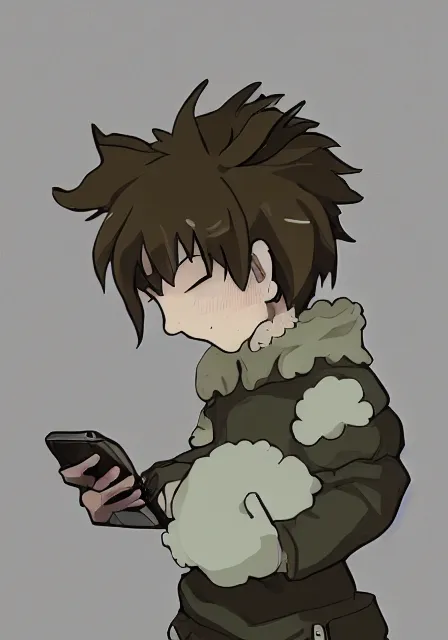 Prompt: little boy wearing sheep suit using a smartphone, gray, blue, green and brown pallet color. made in abyss art style, inspired in kris from deltarrune, cute detailed artwork, anatomically correct, clean details