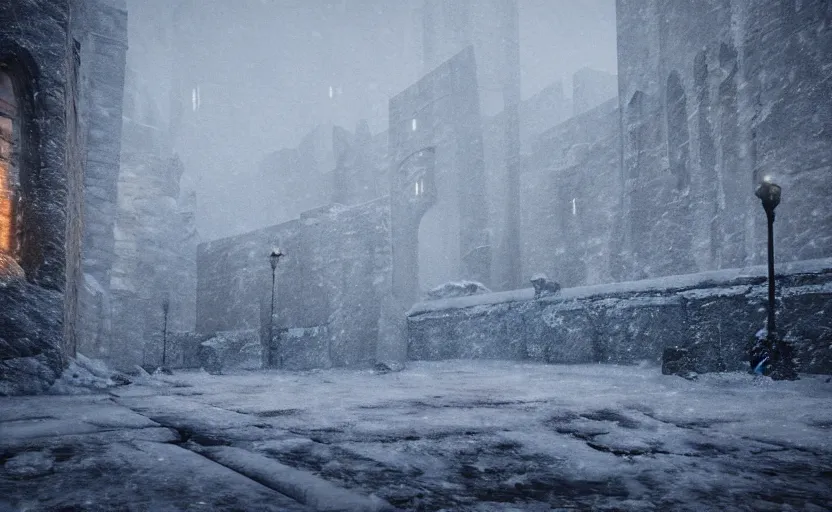 Prompt: the high city wall in the snowstorm, doomy, Unreal Engine, cinematic photography, highly-detailed, games of thrones, HBO, high resolution, 8k, photorealistic, stunning volumetric lighting