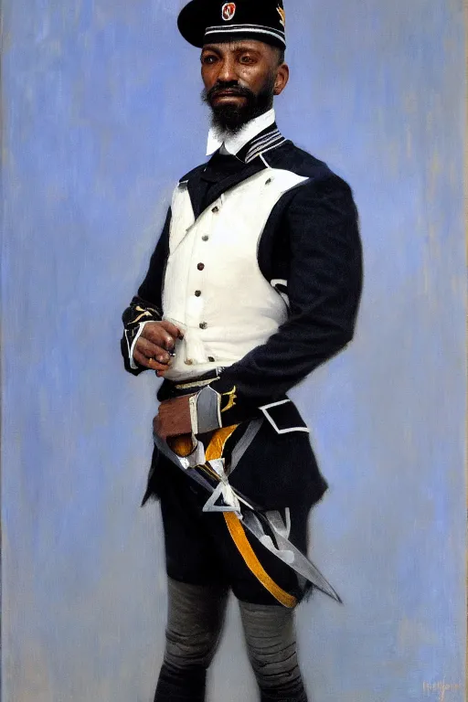 Image similar to full body portrait of the dictator of the orlando magic, 1 8 8 9, in full military garb, magic blue, silver, and black, oil on canvas by william sidney mount, trending on artstation