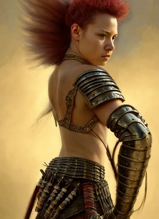 Image similar to a young warrior woman moments before battle in contemplation, diffuse lighting, fantasy, intricate, elegant, highly detailed, lifelike, Rebel, photorealistic, digital painting, artstation, punks, illustration, concept art, smooth, sharp focus, artgerm, by John Collier and Albert Aublet and Leonardo da vinci and Krenz Cushart and Artem Demura and Alphonse Mucha