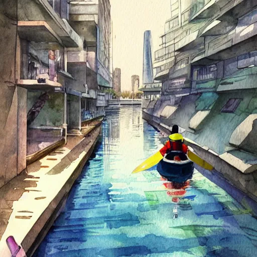 Prompt: Narrow cosy waterway in futuristic sci-fi city in harmony with nature, kayak passing through. Nice colour scheme, soft warm colour. Beautiful detailed watercolor by Lurid. (2022)