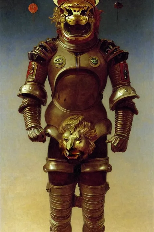 Prompt: portrait of a evil lion astronaut with chinese dragon armor and helmet, majestic, solemn, by bouguereau