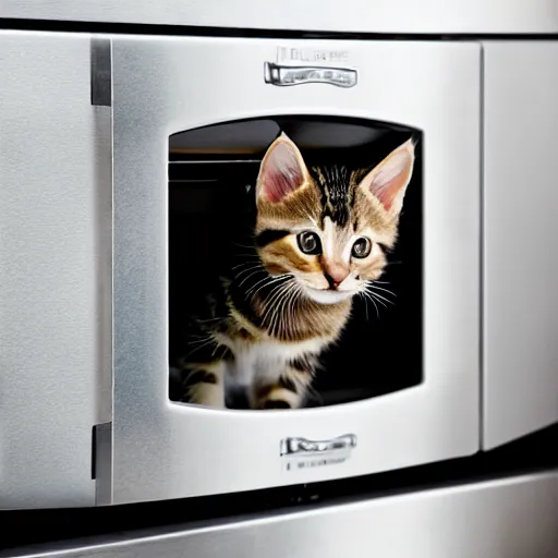 Prompt: a tabby kitten inside a kitchen oven looking at camera