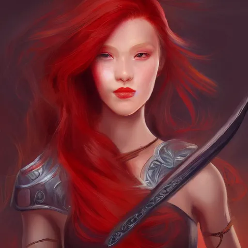 Prompt: a painting of a woman with red hair holding a sword, a digital painting by Yun-Fei Ji, deviantart contest winner, fantasy art, detailed painting, artstation hd, concept art