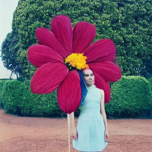 Image similar to giant flower head, full body, girl standing in front of house, surreal, symmetry, mid century, bright colours, blue sky, realistic, wes anderson