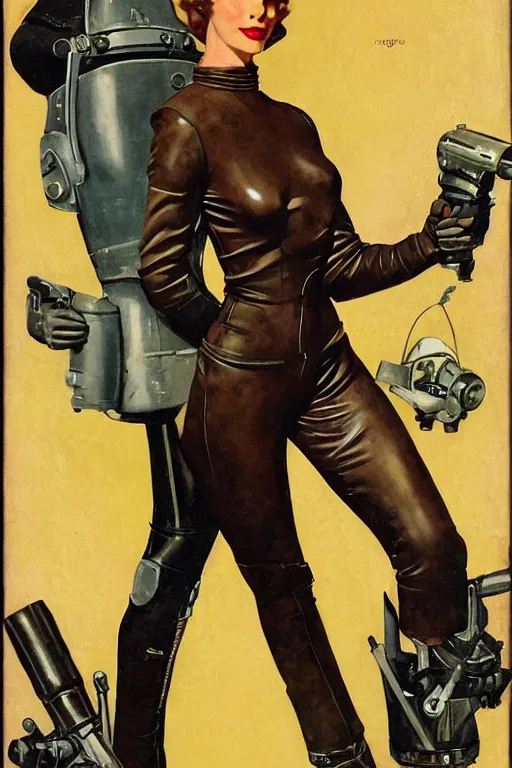 Image similar to 5 0 s pulp scifi fantasy illustration full body portrait slim mature woman in leather spacesuit, aiming shooting dynamic pose, by norman rockwell, roberto ferri, daniel gerhartz, edd cartier, jack kirby, howard v brown, ruan jia, tom lovell, frank r paul, jacob collins, dean cornwell, astounding stories, amazing, fantasy, other worlds