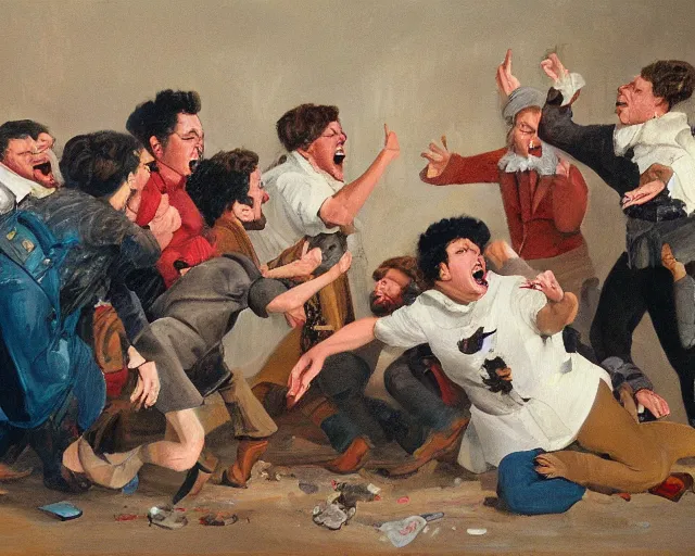 Prompt: a painting of group of stupid people yelling at each other