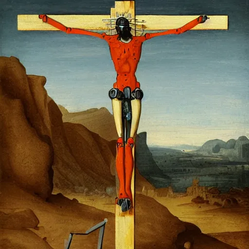 Prompt: robot crucified by matthias grunewald