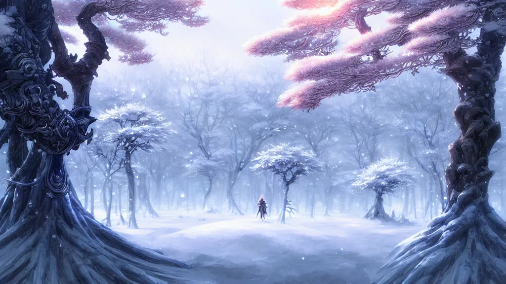 Image similar to anime forest winter landscape, intricate details, fantasy, elegant, highly detailed, digital painting, artstation, concept art, smooth, sharp focus, illustration, wide angle, artbook, splash art, promo art, soul calibur, league of legends, art by artgerm and greg rutkowski and bo chen and jin xiaodi