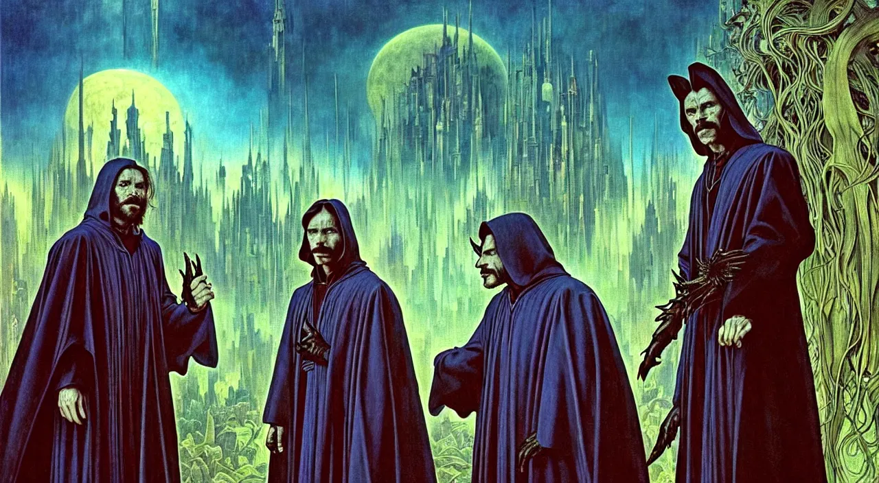 Image similar to realistic detailed portrait movie shot of a wolfman and a priest wearing dark robes, sci fi city landscape background by denis villeneuve, amano, yves tanguy, alphonse mucha, ernst haeckel, max ernst, roger dean, masterpiece, rich moody colours, blue eyes, occult