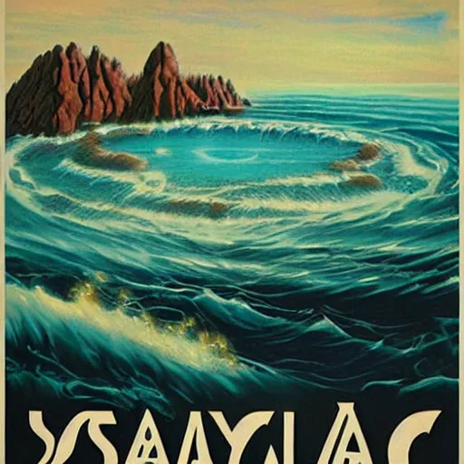 Image similar to vintage poster of a savage wild alien planet, sea, highly detailed, oil painting, - h 7 6 8