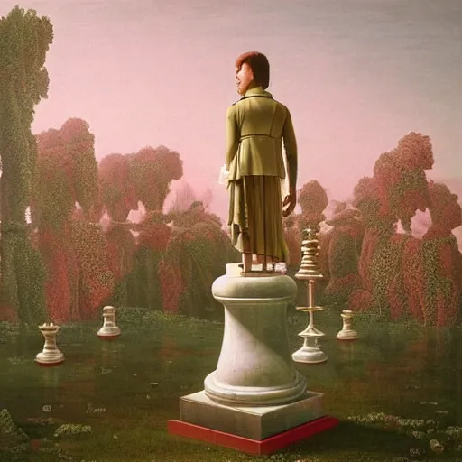 Image similar to David Friedrich, giant marble chess pieces, gold rings, liminal spaces, party balloons, checkered pattern, mirrors, David Friedrich, award winning masterpiece with incredible details, Zhang Kechun, a surreal vaporwave vaporwave vaporwave vaporwave vaporwave painting by Thomas Cole of an old pink mannequin head with flowers growing out, sinking underwater, highly detailed