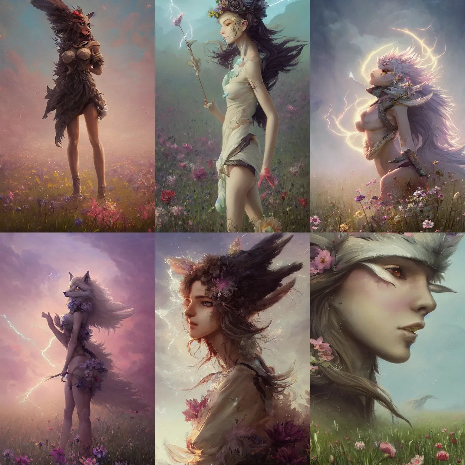 Prompt: A high fantasy wolf girl standing in the middle of the field of flowers, by Peter Mohrbacher and Craig Mullins, face close up, official media, beautiful, detailed, high quality, wallpaper 4K, epic, trending on artstation and behance, dynamic lightning
