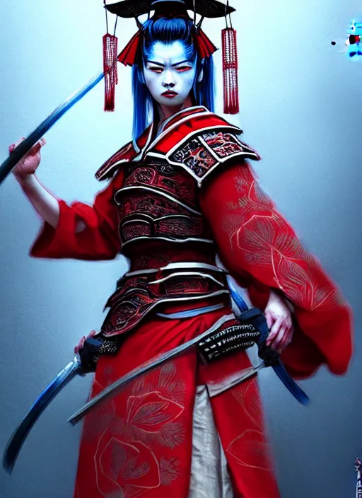 Image similar to establishing cinematic movie scene of a wrathful samurai warrior woman dressed in red holding a lotus flower killing street thugs dressed in blue garbs, cinematic scene!, intricate, elegant, highly detailed, lotus flower, artstation, concept art, smooth, sharp focus, wlop