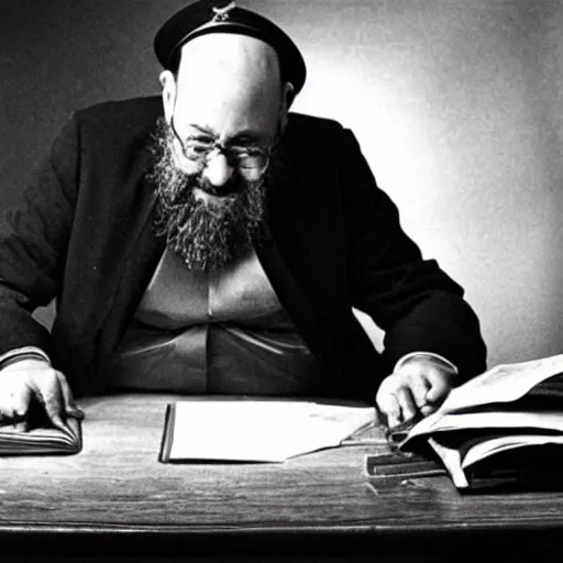 Image similar to a photograph photo of a rabbi bent over at his desk, dead and twisted by a curse