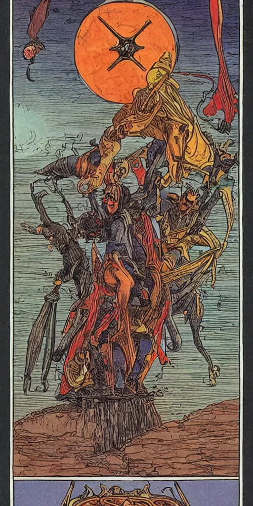 Image similar to the tarot card of the charriot painted by moebius.