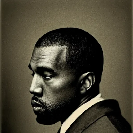 Image similar to a photograph of Kanye West by Julia Margaret Cameron, portrait, 40mm lens, shallow depth of field, close up, split lighting, cinematic