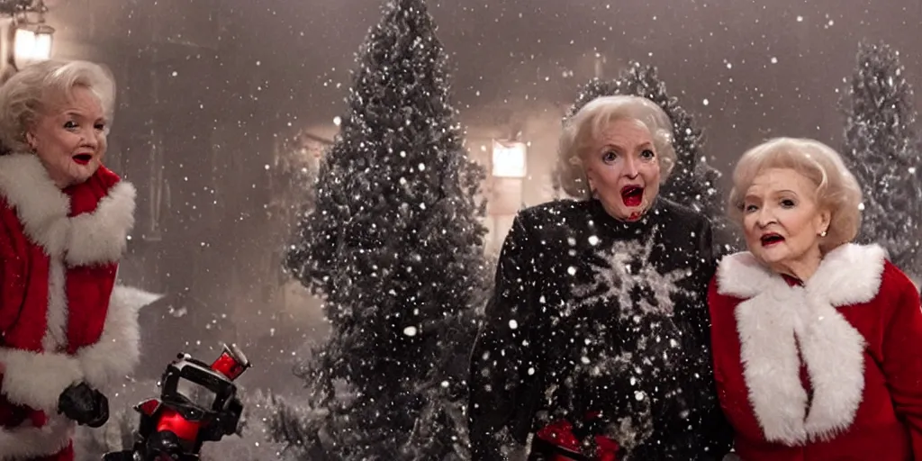 Image similar to betty white rocket launcher christmas nightmare horror by jordan peele cinematic fog snow night terrifying