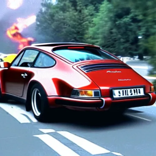 Image similar to porsche 911 in back 2 the future. trail of fire on street. 88mph. lightning strike