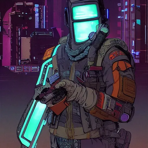 Image similar to ivan. Apex legends cyberpunk hacker. Concept art by James Gurney and Mœbius.