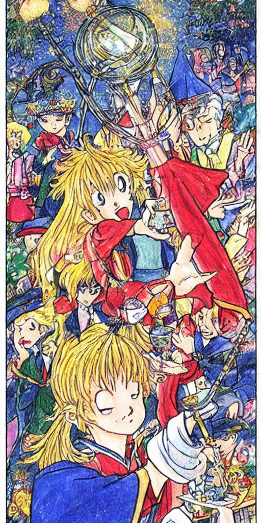 Image similar to a mystical man with a goblet on the table, wizard hat, drawn by Naoko Takeuchi,