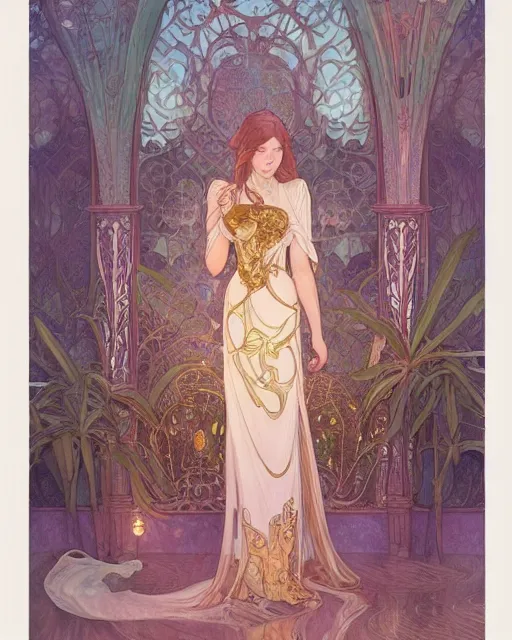 Image similar to secret romance, highly detailed, very intricate, art nouveau, gold filigree, romantic storybook fantasy, soft cinematic lighting, award - winning, disney concept art watercolor illustration by mandy jurgens and alphonse mucha and alena aenami, pastel color palette, featured on artstation