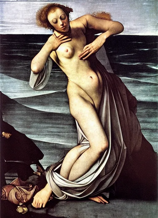 Image similar to long female dress abandoned on the bottom of the sea, art by caravaggio