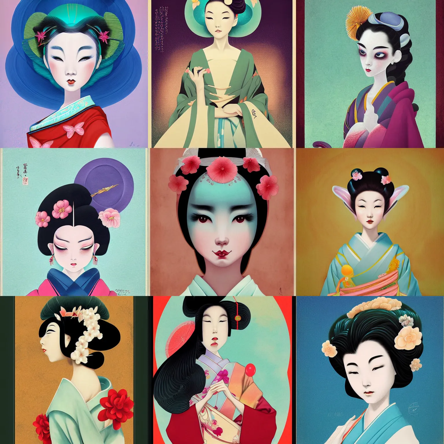 Prompt: digital painting of a geisha by amy sol, mark ryden in the style of, vintage shoujo, fantastic planet, 6 0 s poster art, minimalist poster art, artgerm