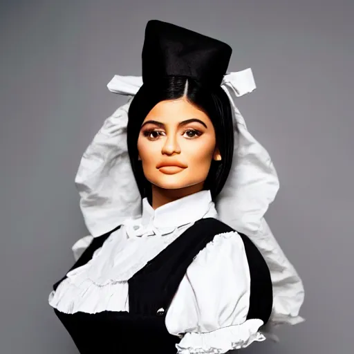 Image similar to kylie jenner in 2 b cosplaying victorian maid outfit light cinematography photoshoot