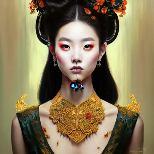 Image similar to symmetrical painting, a beautiful young chinese female in dress, pretty, perfect face, elegant, ornate, luxury, elite, matte painting, by artgrem, by james jean, by ross tran - h 6 0 0