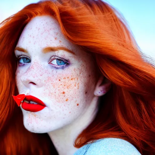 Image similar to close up portrait photograph of the left side of the face of a redhead woman with stars in her irises, red lipstick and freckles. Wavy long hair. she looks directly at the camera. Slightly open mouth, face covers half of the frame, with a park visible in the background. 135mm nikon. Intricate. Very detailed 8k. Sharp. Cinematic post-processing. Award winning portrait photography