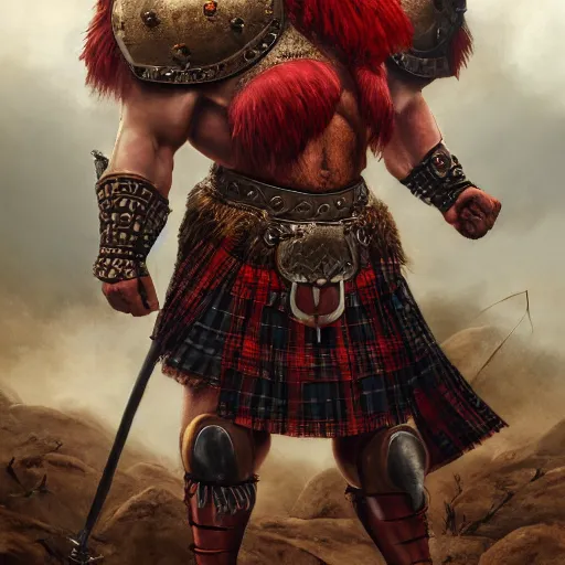 Image similar to bulky muscular scottish warrior with red hair and a kilt, tribal blood red war paintings on his chest, bronze plate armor, 4 k oil on linen by wlop, artgerm, andrei riabovitchev, nuri iyem, james gurney, james jean, greg rutkowski, highly detailed, soft lighting 8 k resolution