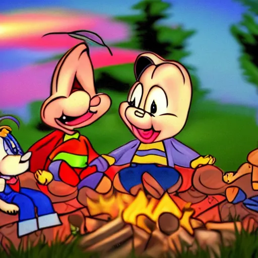 Image similar to tiny toons in real life sitting around a campfire telling stories, photographic, 3D, IE5, photorealistic, ultrarealistic, hyper realistic, drum scanner, dark vignette, burning embers, nostalgic, muted colors, slightly drunk, candy rush