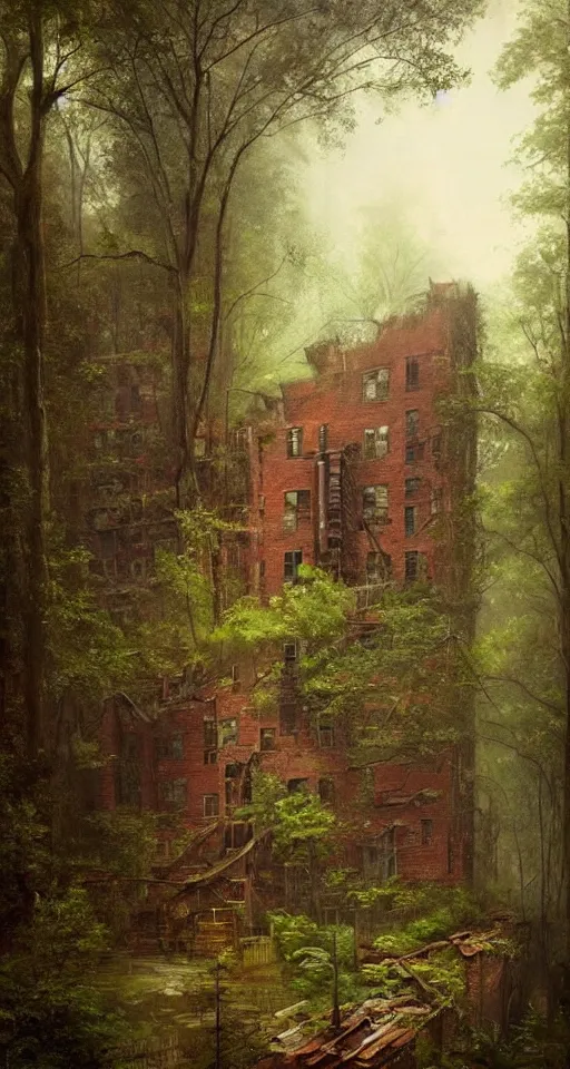 Prompt: (((((a ramshackle manhattan brick brownstone deep in the forest, completely overgrown))))) by Max Maximov!!!!!!!!!!!!!!!!!!!!!!!!!!!