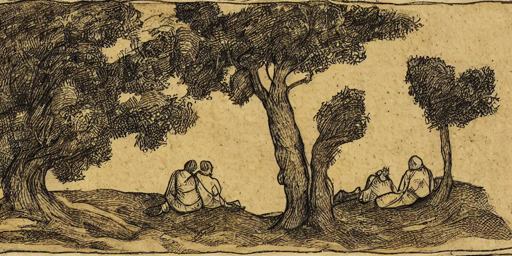 Image similar to a couple sits on a hill together as wind blows trees around, yellowed paper, pen and ink, 1 5 0 0 s, 8 k resolution
