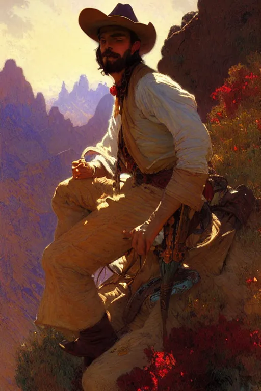 Image similar to attractive man, cowboy, beautiful mountain, cool colors, painting by gaston bussiere, craig mullins, greg rutkowski, alphonse mucha