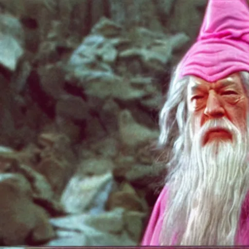 Image similar to gandalf wearing pink robes and a hello kitty hair clip, movie still from the lord of the rings